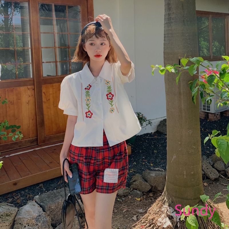 Plus Áo Kiểu Tay Phồng Thêu Họa Tiết Phong Cách Vintage Pháp Cho Nữ