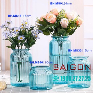 Bình Hoa Thủy Tinh Trụ Sọc Xanh Dương Đường kính 11cm