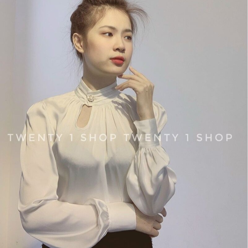 áo sơ mi lụa nữ nơ vát khuy ngọc tay dài sang chảnh