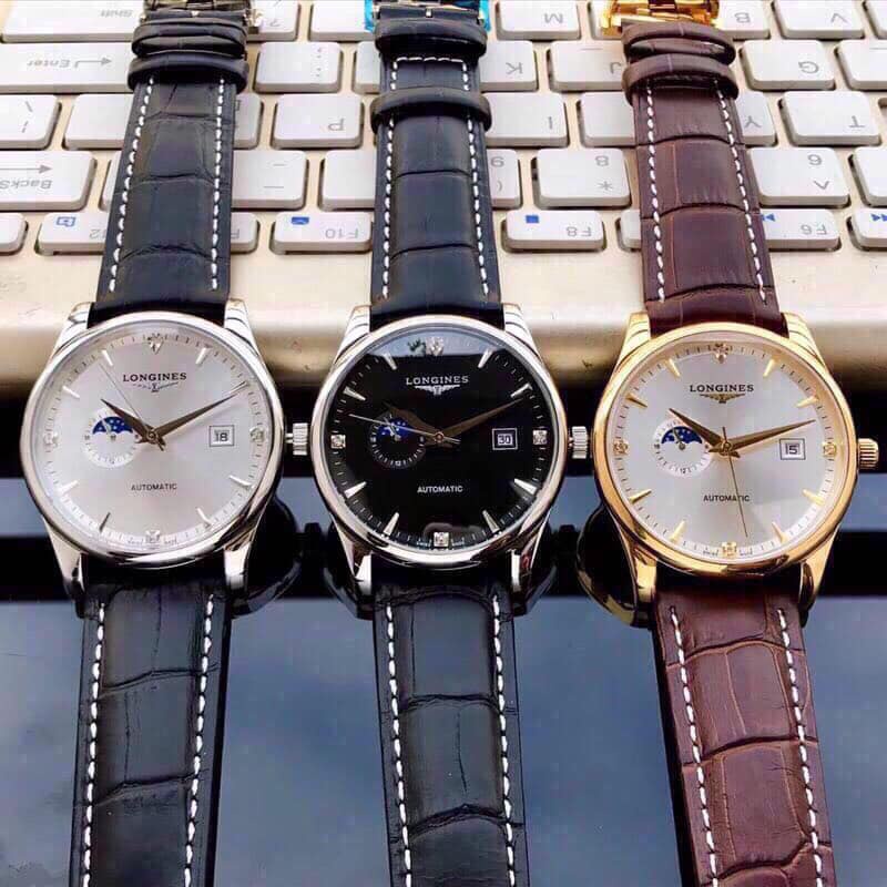 Đồng hồ Nam L-ongines cơ automatic trăng sao cao cấp máy Myota dây da mặt trắng vỏ vàng số đá sang trọng lịch lãm 41mm