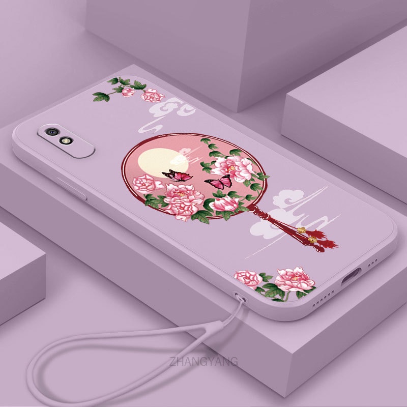Ốp Điện Thoại Silicon Mềm Họa Tiết Hoa Mẫu Đơn Có Dây Đeo Cho Redmi 9a