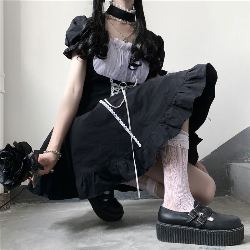 Đầm lolita tay phồng ôm eo dáng xòe màu đen thời trang Nhật Bản cho nữ | BigBuy360 - bigbuy360.vn