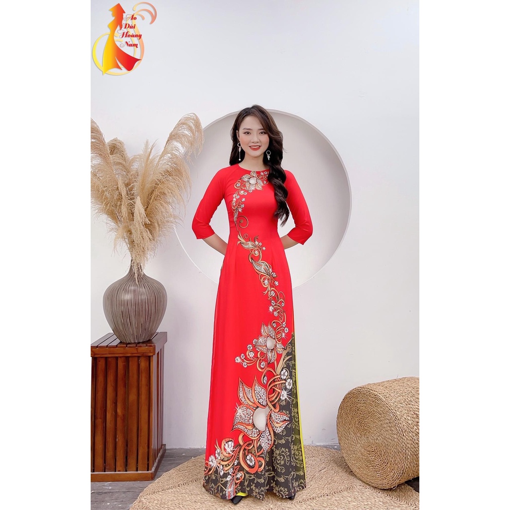 Áo  dài nữ lụa nhật in 3D cao cấp siêu mềm mịn, Áo dài huyền thảo mã  đỏ LV53