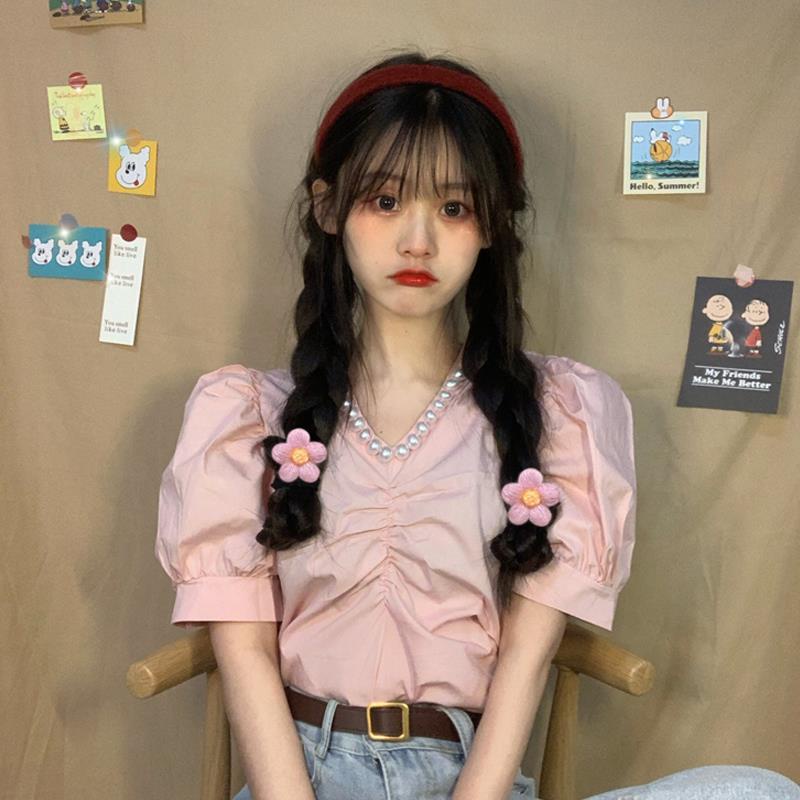 Áo sơ mi COZOKC tay ngắn cổ đính ngọc trai giả phong cách Hàn Quốc thời trang