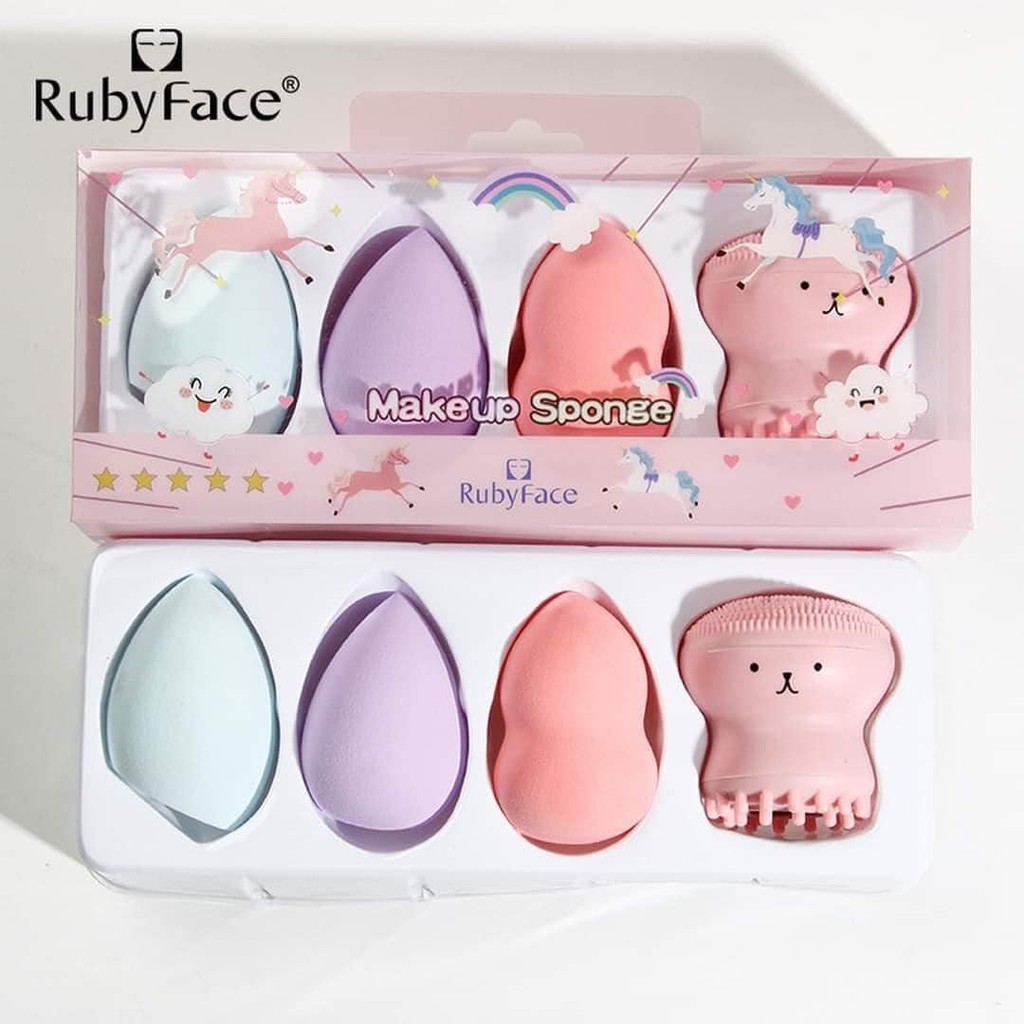 Set 3 bông mút trang điểm và 1 cọ rửa mặt bạch tuộc Ruby Face