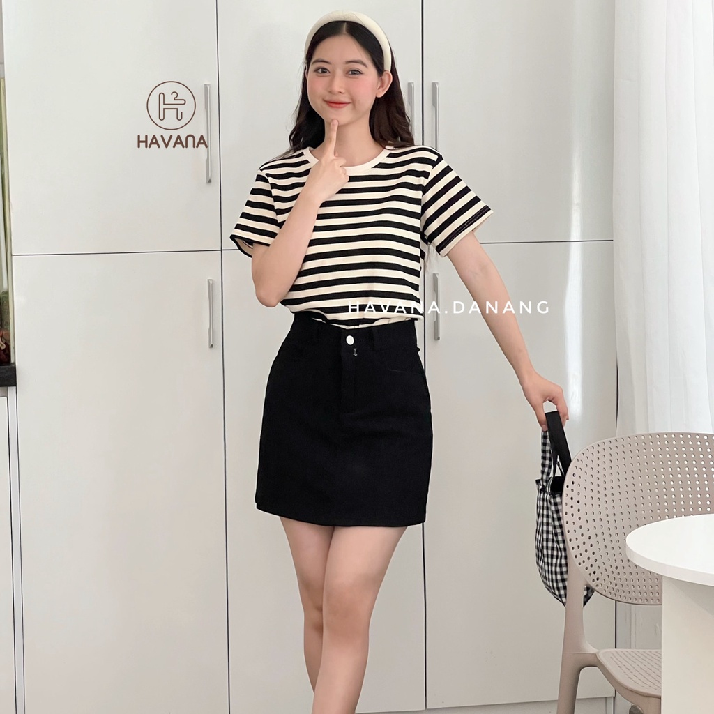 Áo thun nữ ngắn tay cổ tròn kẻ sọc, áo dệt kim co giãn phong cách Hàn Quốc AE213