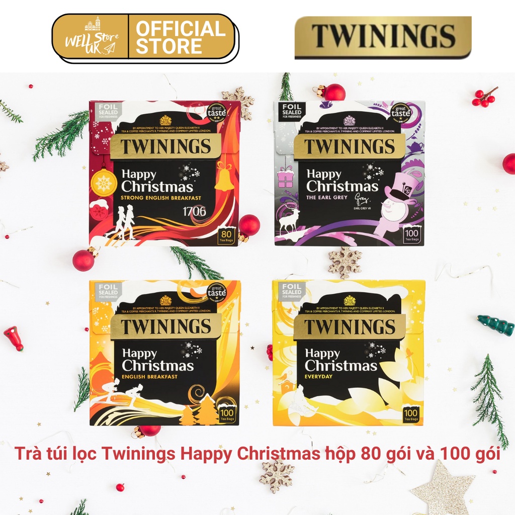 Trà túi lọc mùa giáng sinh UK Twinings Happy Christmas 4 hương vị hộp 80 gói và 100 gói
