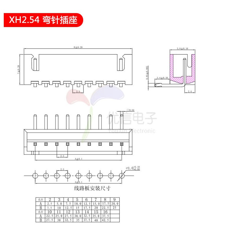 064 > XH2.54 Đầu nối thẳng / Pin cong / Vỏ cao su 2-3-4-5-6-7-8-9-10-11-12-13-14-16p