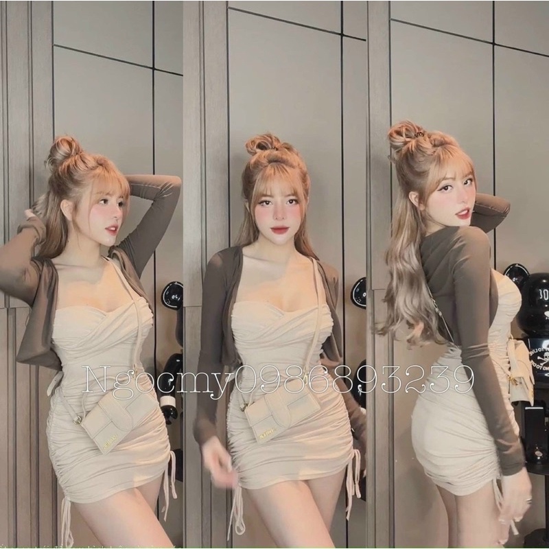 Set Đầm 2 Dây Xoén Ngực Nhún Rút 2 Bên Kèm Khoác Croptop Siêu Phẩm 4567