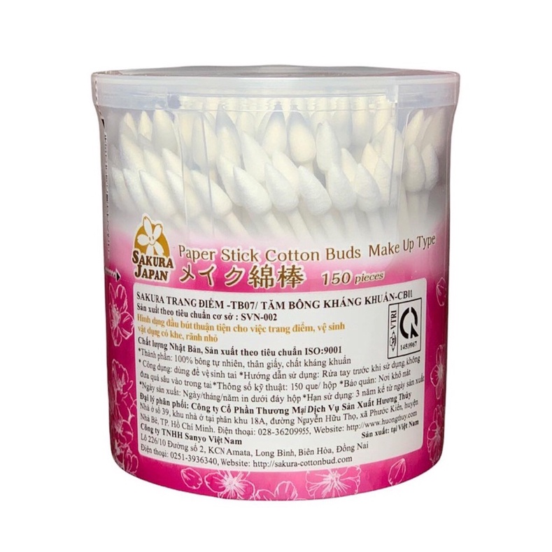 Tăm bông kháng khuẩn thân giấy Sakura (Tiêu chuẩn Nhật Bản) trang điểm TB07 (1 đầu xoắn 1 đầu nhọn) - Hộp 150 que