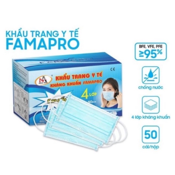 [Chính Hãng] Hộp 50 cái Khẩu trang y tế Famapro 4 lớp Xanh - Nam Anh Pro