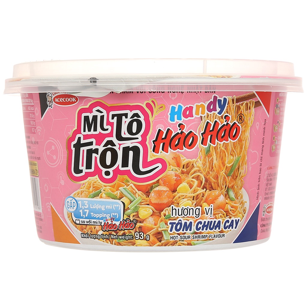 Thùng 12 tô Mì trộn Handy Hảo Hảo hương vị tôm chua cay tô 93g
