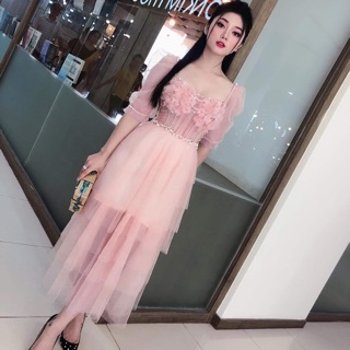 Đầm xòe tay phồng đính hoa 3d
