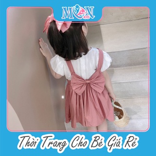 Set Váy Yếm Bé Gái Monmonkid  áo vải thô boy tay bồng váy vải thô Hàn thiết kế nơ lưng 8-20kg