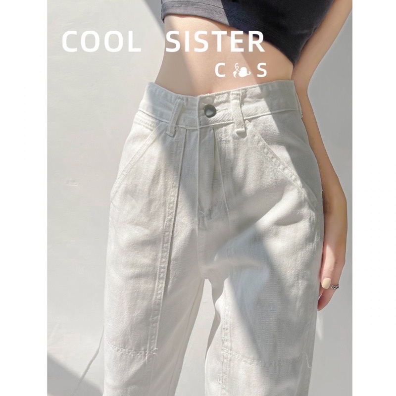 Quần jeans nữ trắng túi hộp ống suông cạp cao phong cách Hàn Quốc