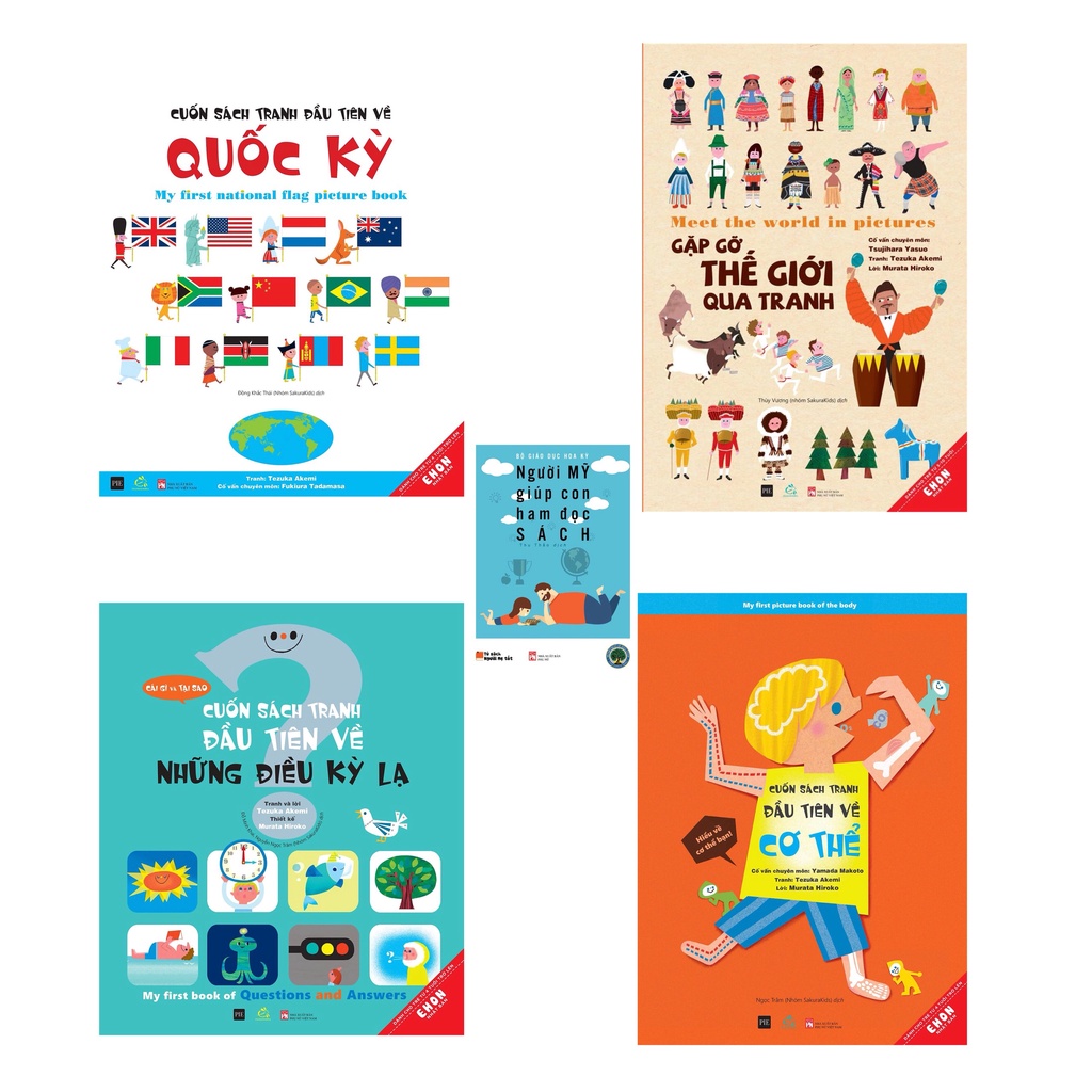 Sách- 4 cuốn Ehon Gặp Gỡ Thế Giới Qua Tranh, Cuốn Sách Tranh Đầu Tiên Về Quốc Kỳ+Những Điều Kỳ Lạ+Cơ Thể (quà tặng kèm)