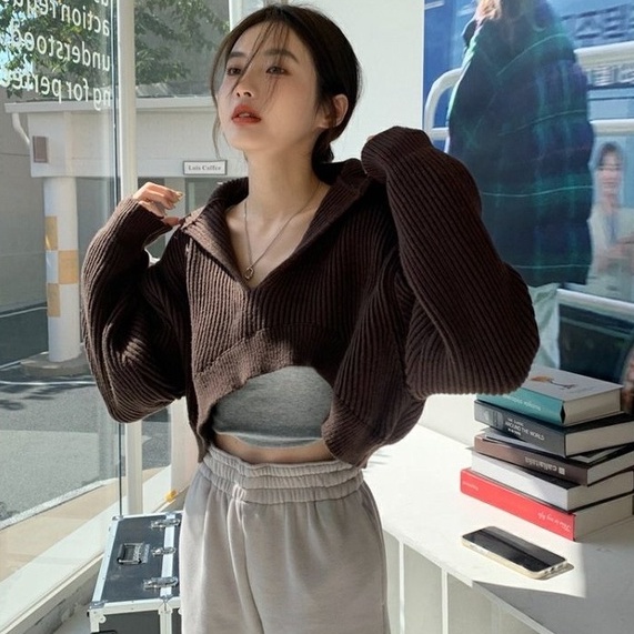Áo ZHELIHANGFEI dệt kim tay dài cổ polo dáng ngắn thiết kế lệch tà phong cách cá tính dành cho nữ