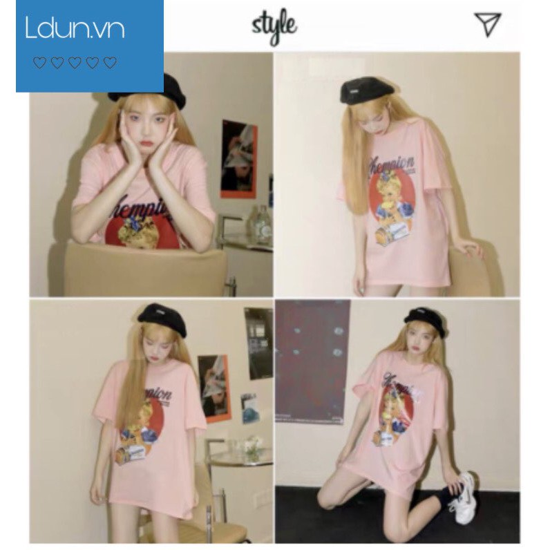 Áo Thun Form Rộng CHEMPION Nữ 🌸 Phông oversize màu hồng pastel in hình cô gái bánh bèo tiểu thư Ulzzang HOT