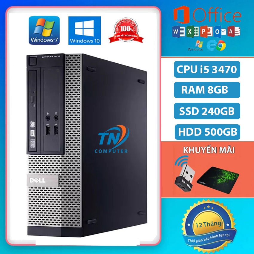Máy tính để bàn DELL Optiplex 3010 Cấu hình core i5 3470 Ram 8GB, Ổ cứng SSD 240GB + HDD 500GB + Kèm Qùa Tặng