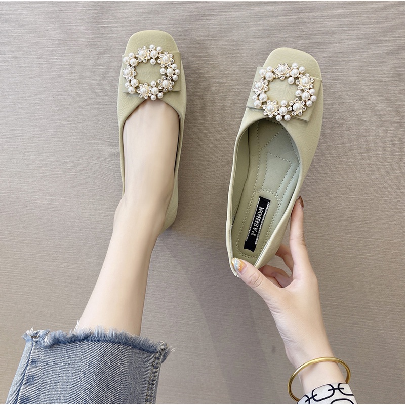 Giày búp bê đế bằng màu trơn đính ngọc trai phong cách Hàn Quốc thời trang cho nữ