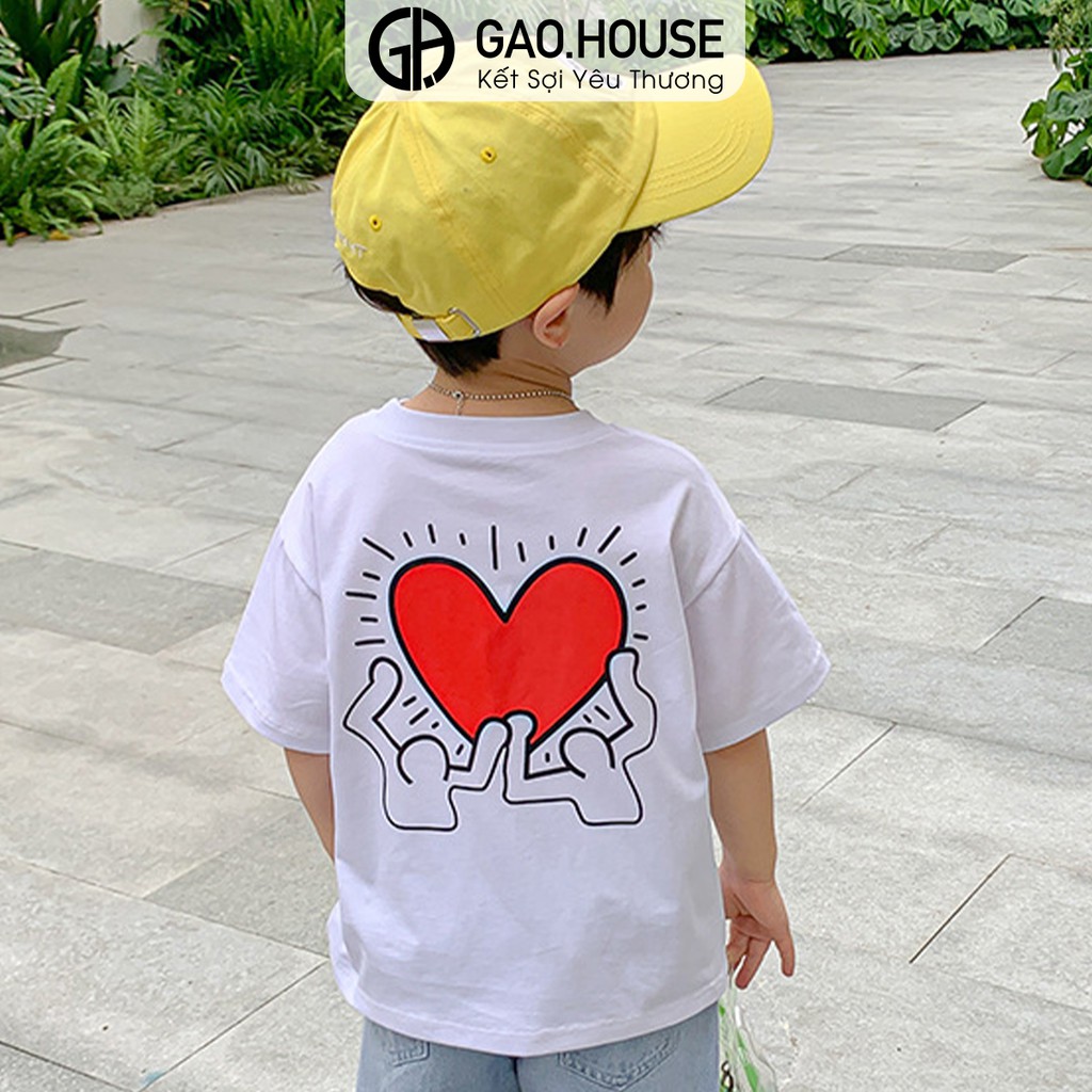 Áo thun bé trai cổ tròn Gạo House tay ngắn mầu trắng hoạ tiết trái tim chất liệu cotton 4 thun chiều(T23)