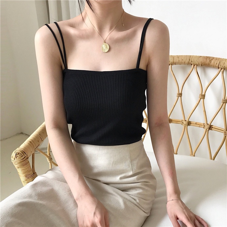 Áo hai dây dệt kim màu trơn thời trang cho nữ