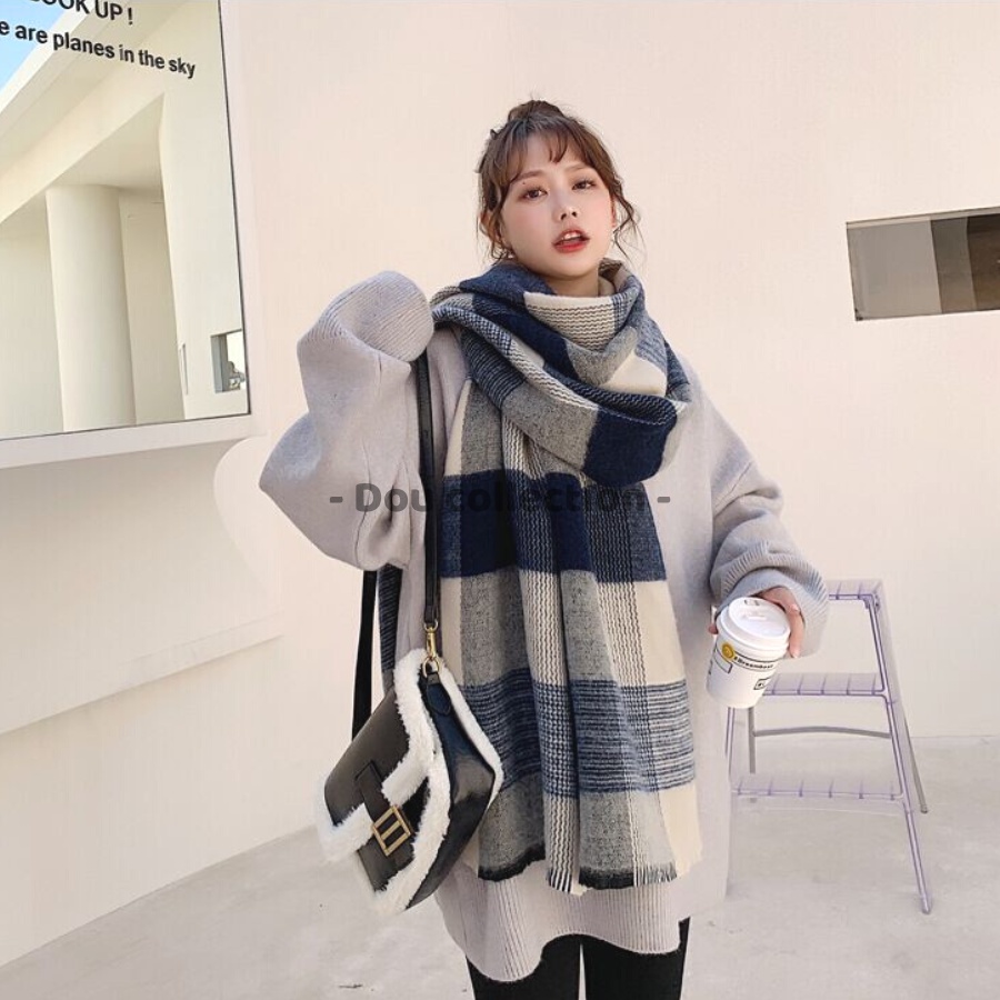 Khăn choàng cổ len cashmere kích thước 70x200cm hoạ tiết caro giữ ấm thời trang thu đông LN021 màu xanh be