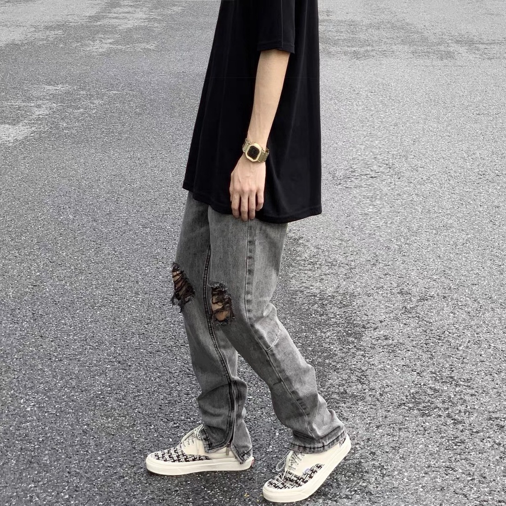 Quần Jean Rách Gối Đen Xám Nam Nữ Có Khóa Zip - Cam kết Hàng Y hình