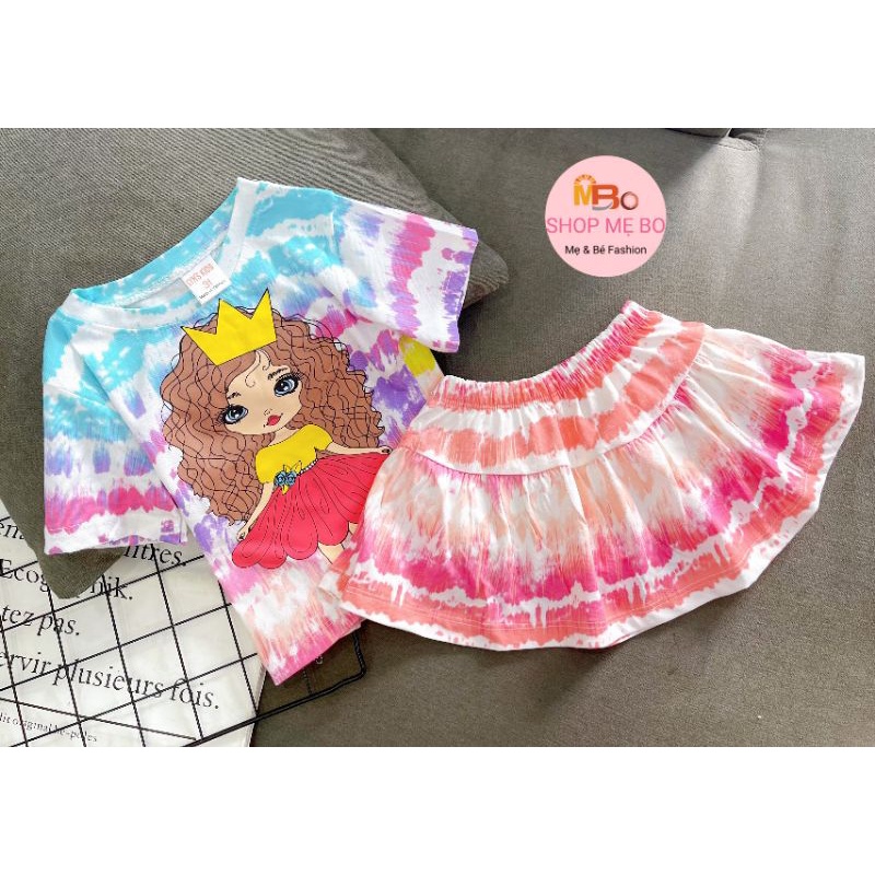 Đồ bộ thun cotton cho bé gái chân váy kèm quần chip in mickey, ngựa pony, mèo kitty