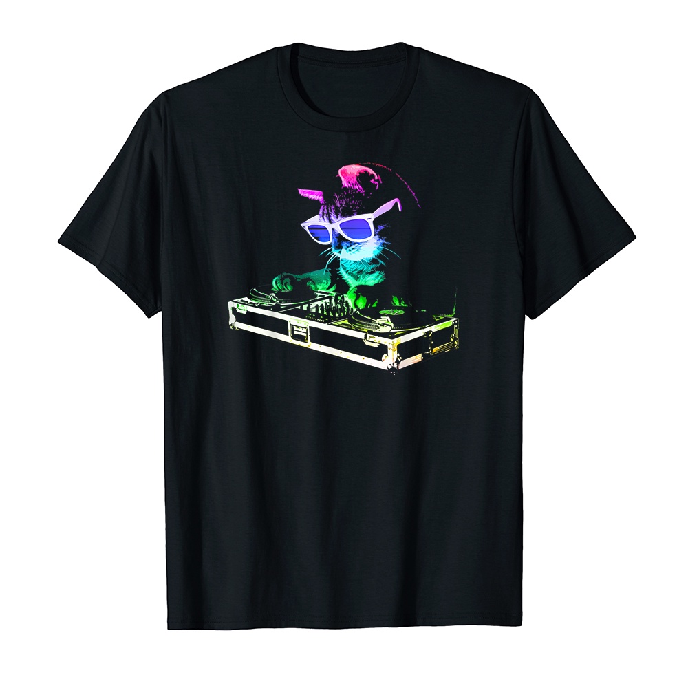 Áo thun cotton unisex HTFashion in hình HOUSE CAT Rainbow DJ Cat Kitty