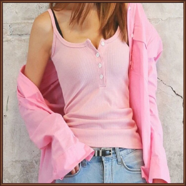 Áo Thun Cotton Hai Dây Màu Trơn Dáng Ôm Cổ Khoét Sâu Phối Hàng Nút Thời Trang Cho Nữ