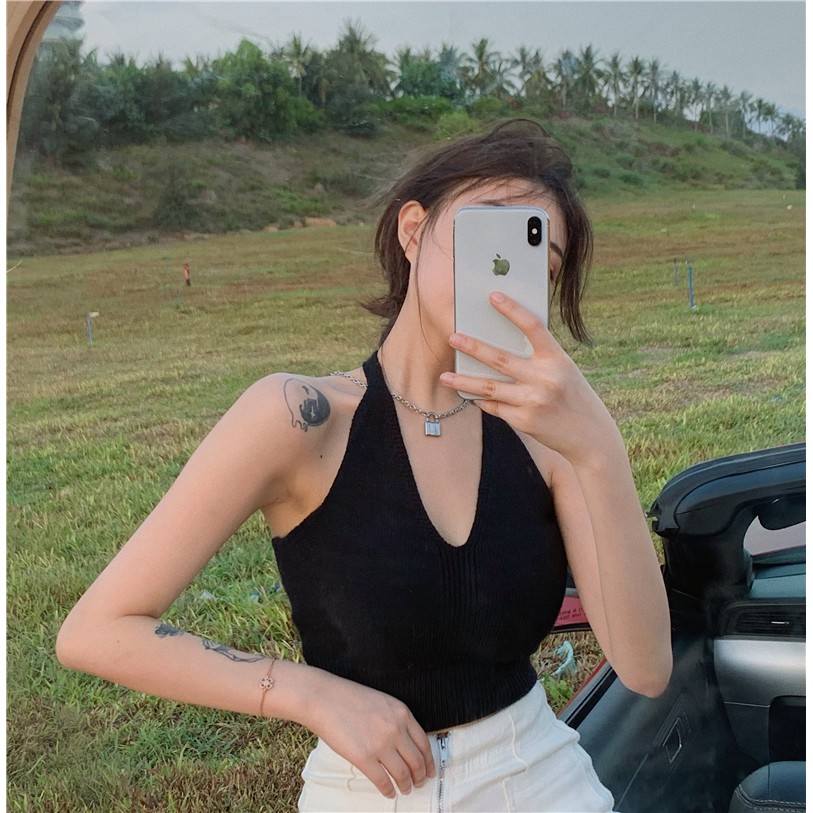 【Cocory】 Áo croptop dệt kim hai dây cổ chữ V thời trang gợi cảm cho nữ | BigBuy360 - bigbuy360.vn