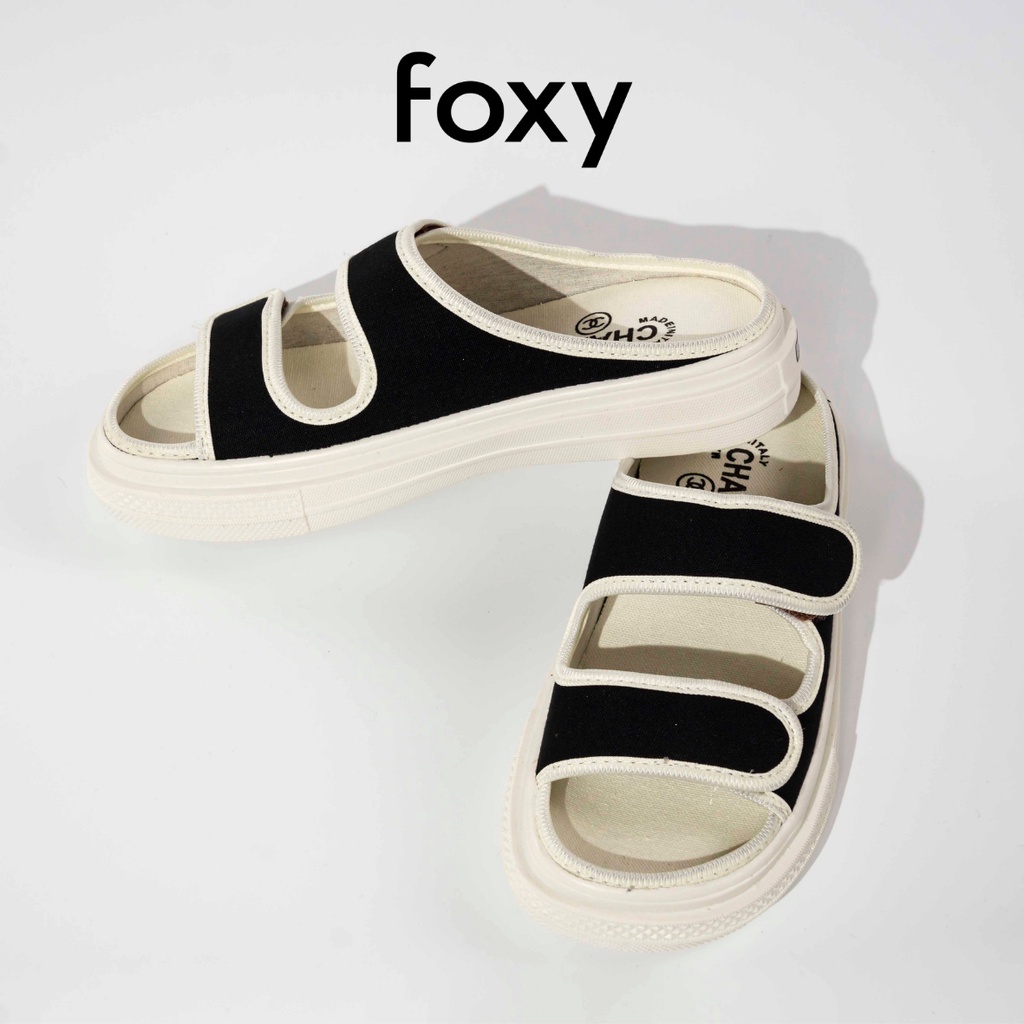 Dép sục nữ thể thao hở mũi quai dán ngang màu đen trắng basic đế cao 3cm Foxy - FOM009