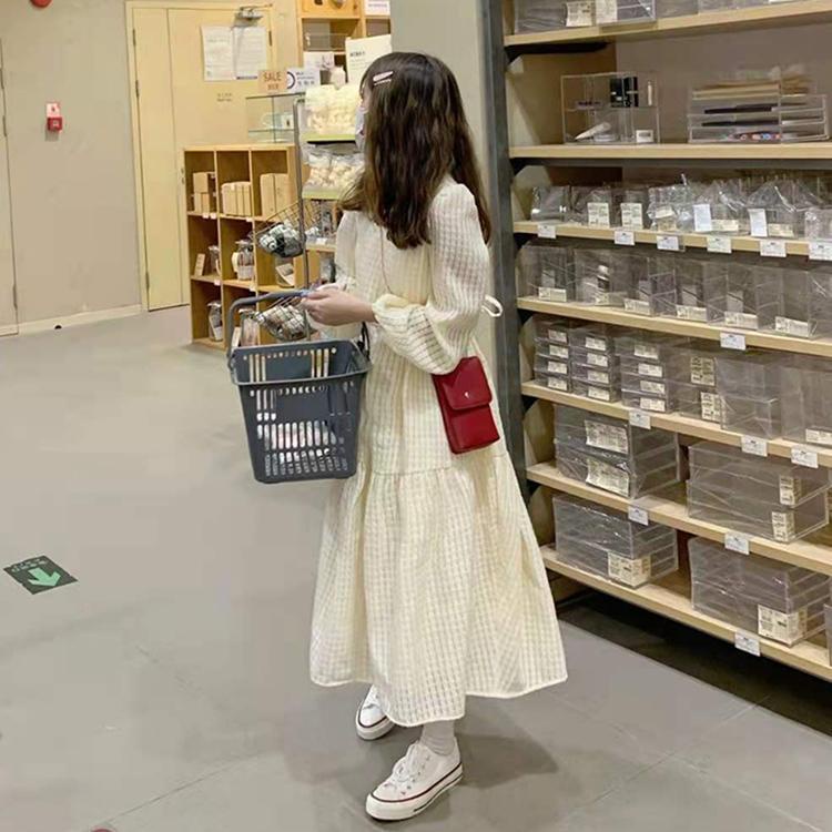 Đầm tay dài cổ chữ V họa tiết caro thời trang mùa thu mới dành cho nữ 2021