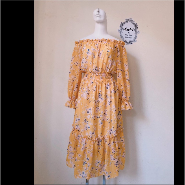 Đầm maxi trễ vai NHIỀU MÀU dài tay đầm vintage bệt vai đầm bầu đi biển hoa | BigBuy360 - bigbuy360.vn