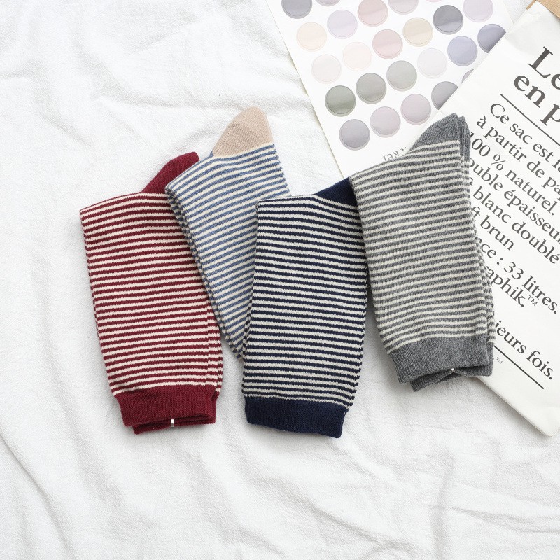 Set 4 Đôi - Tất Nữ Cổ Cao Cao Cấp, Chất Liệu Cotton Đi Mát - Họa Tiết Sọc Ngang Nhỏ - NUCAO-CCSOCNGANG-CB4
