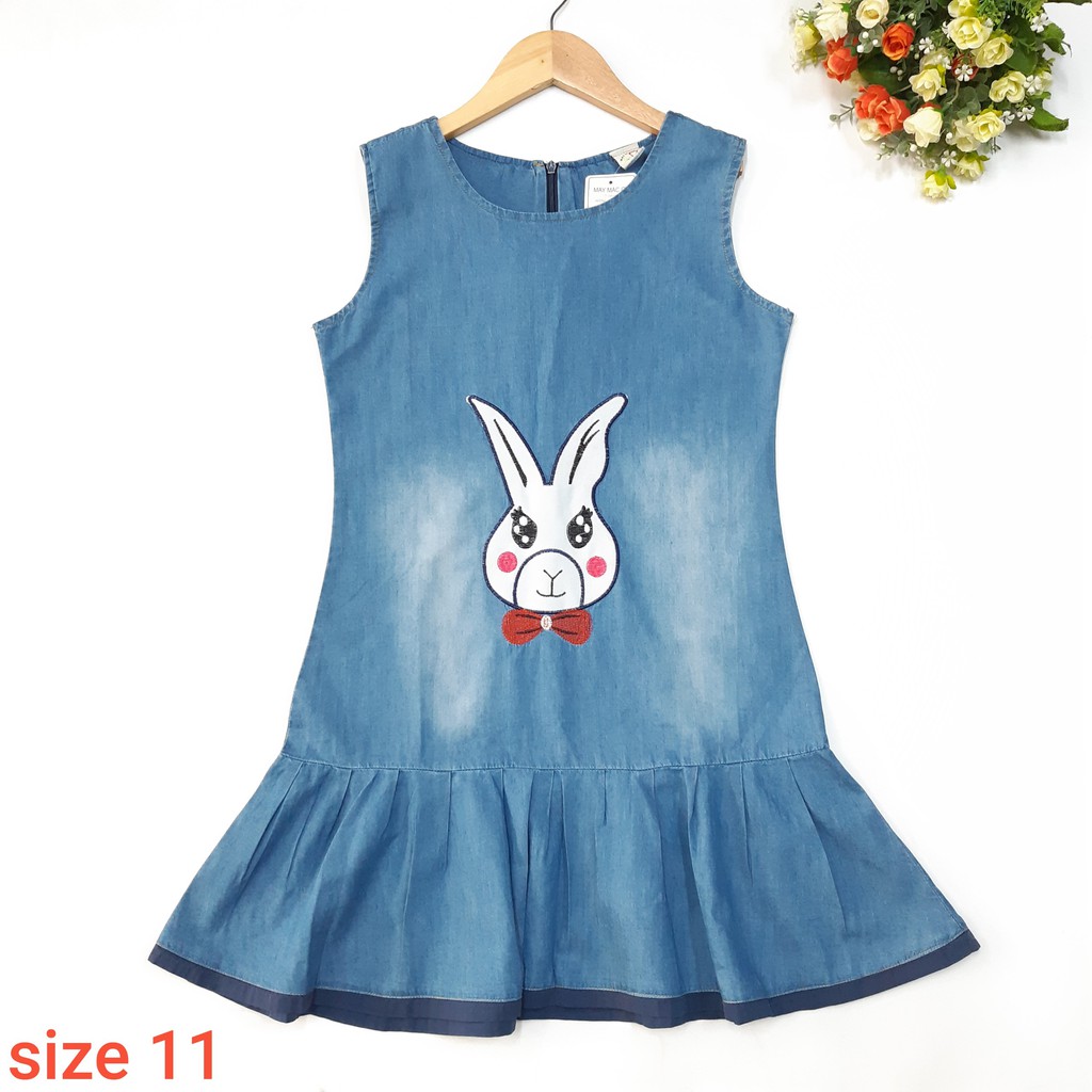 DG99-V-01- Váy jean sát nách bé gái chất jean mềm mại, kiểu dáng babydoll, thêu hình tinh tế, Made in VietNam