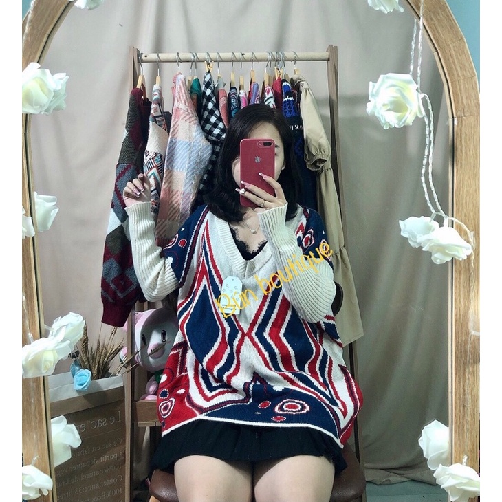 Áo len Hàn hoạ tiết vintage form rộng
