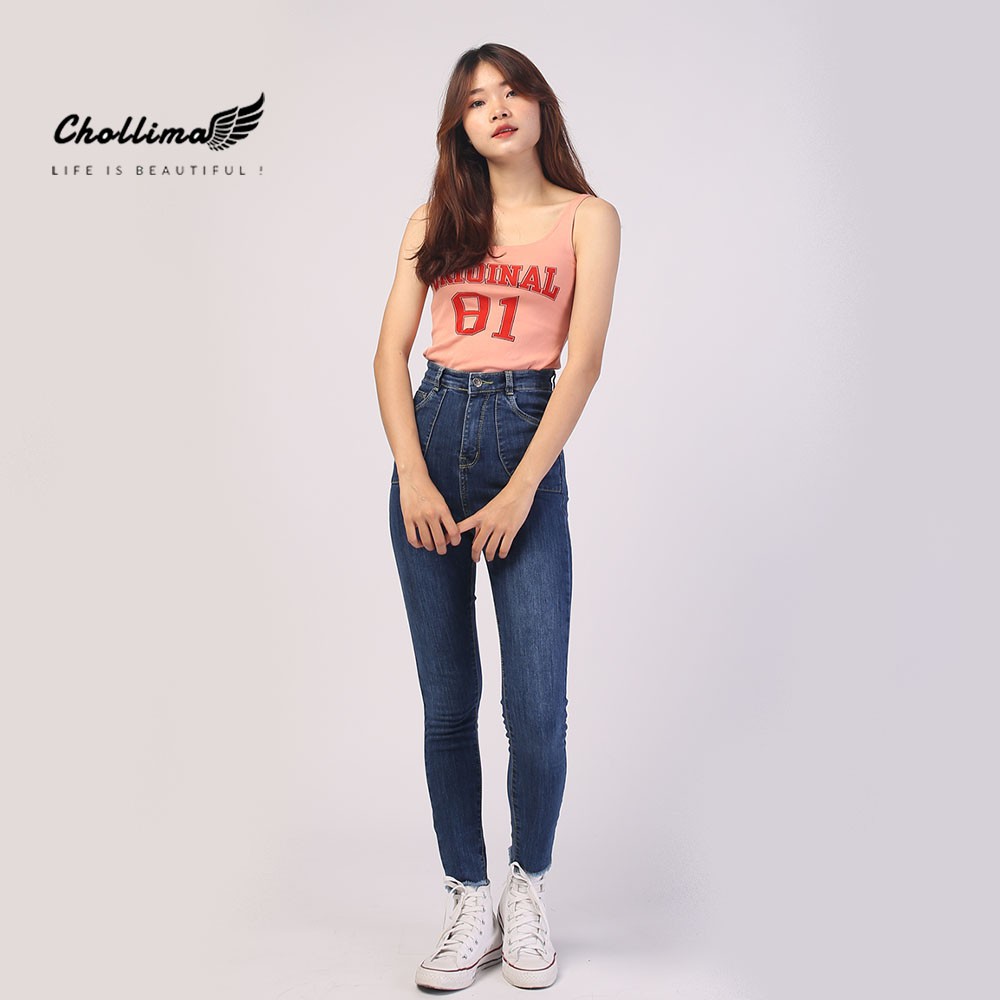 Quần jeans nữ co giãn Chollima cạp siêu cao đắp 2 túi tròn QD003 phong cách hàn quốc