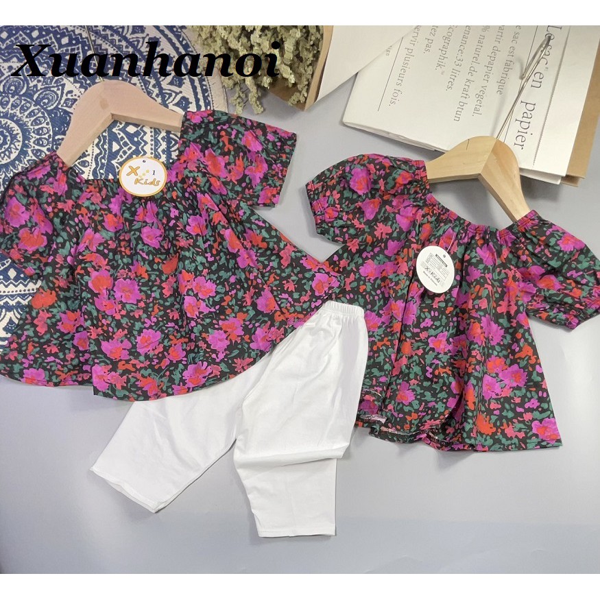 Set quần áo hè bé gái Áo tím và quần legging cotton trắng XHN573