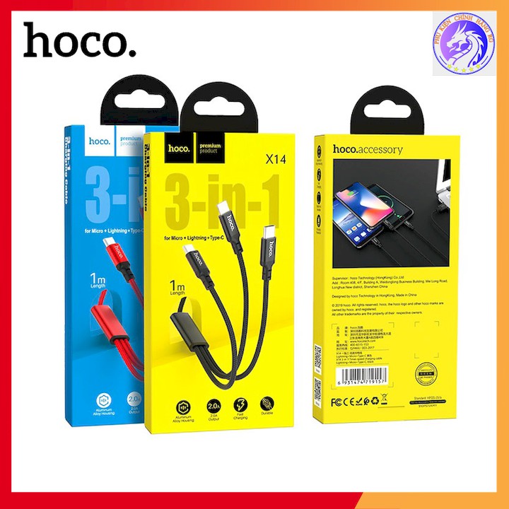 Cáp Sạc 2.4A 3 Đầu Dây Dù Hoco X14 - Hàng Chính Hãng - Bảo Hành 12 Tháng