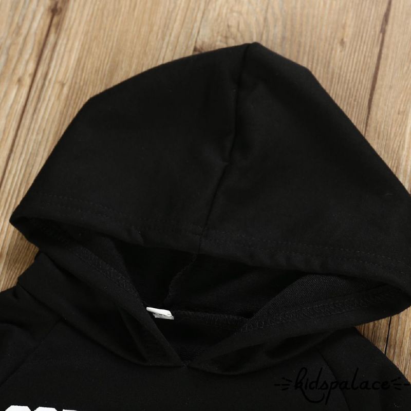 Set bộ bé trai ZARA KIDS xuất xịn Áo hoodie đen có nón tay dài đen in chữ trắng quần lính jogger rằn ri size 130