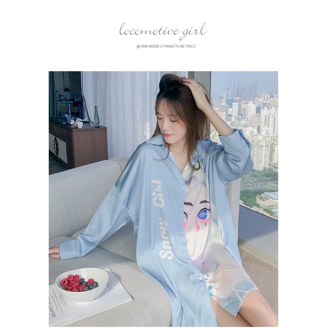 Váy ngủ sơ mi lụa tay dài rock girl &amp; snow girl blue lụa satin cao cấp quảng châu T006.