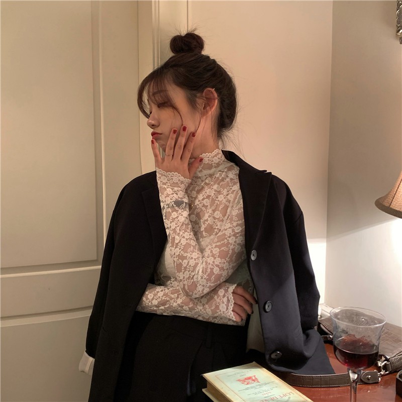 Áo sơ mi ren lưới họa tiết hoa vintage co giãn ôm body xuyên thấu gợi cảm mặc cùng áo len nỉ