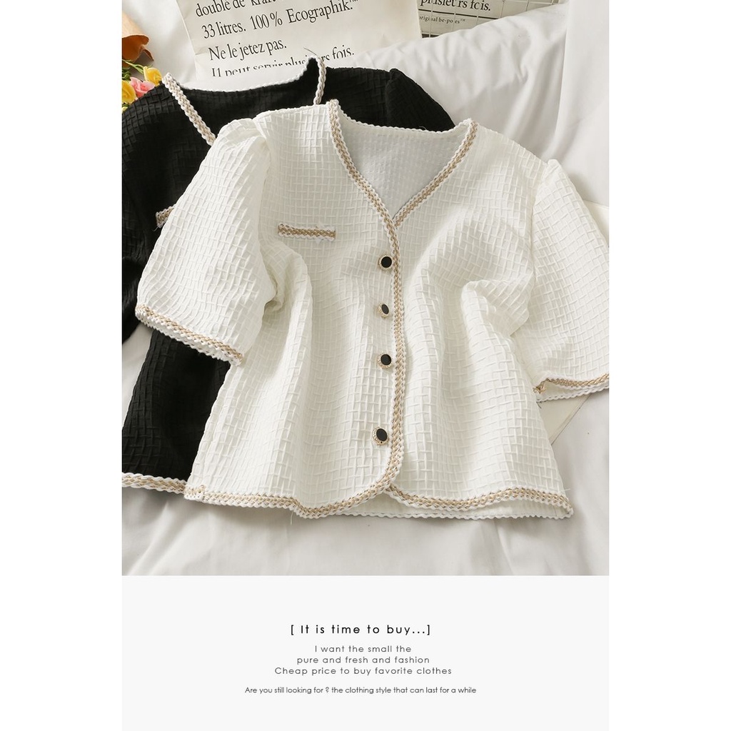 Áo lụa mỏng tay ngắn phối viền kẻ ô vuông phong cách Pháp thời trang mùa hè 2022 cho nữ