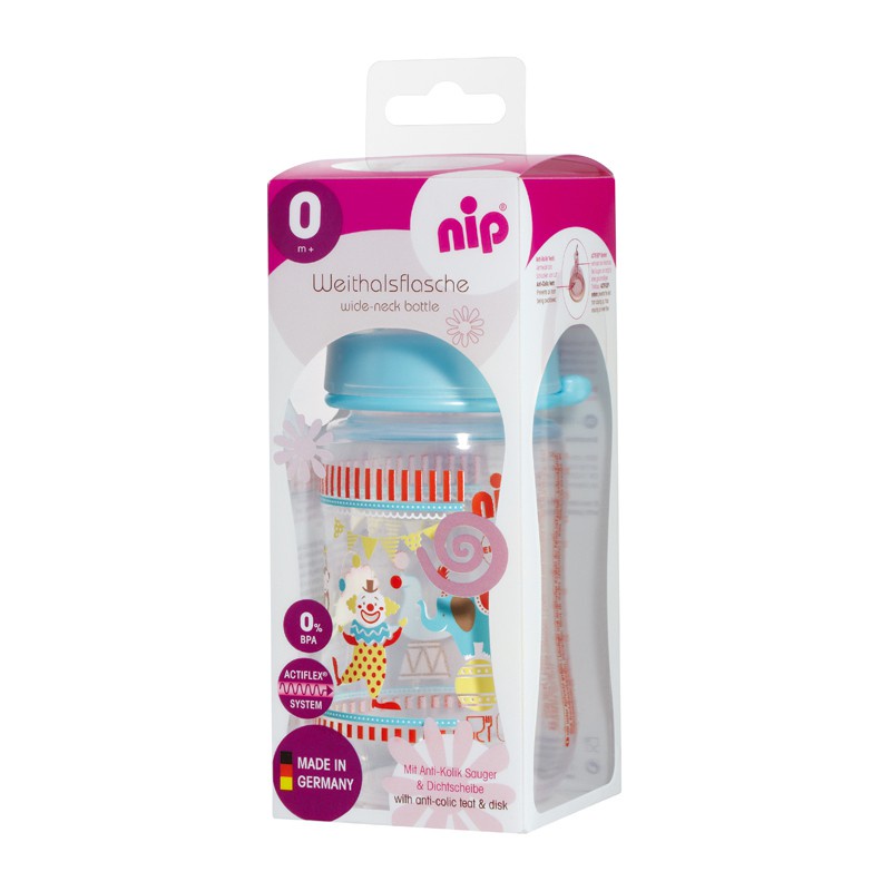 Bình sữa NIP PP cổ rộng, núm ti chỉnh nha, chống sặc, chất liệu silicon (260ml)
