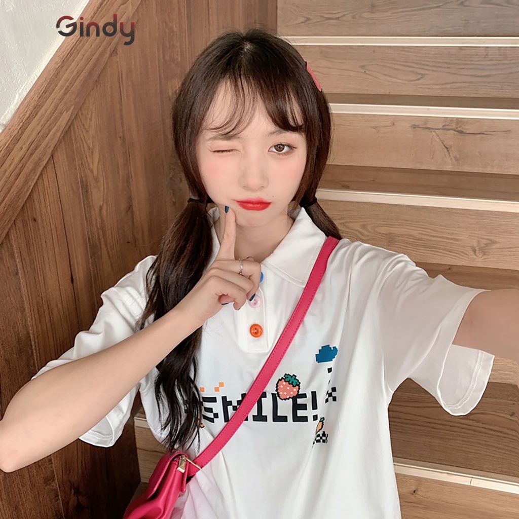 Áo thun phông nữ polo GINDY cổ bẻ cotton phong cách unisex tay lỡ thoáng mát A8108