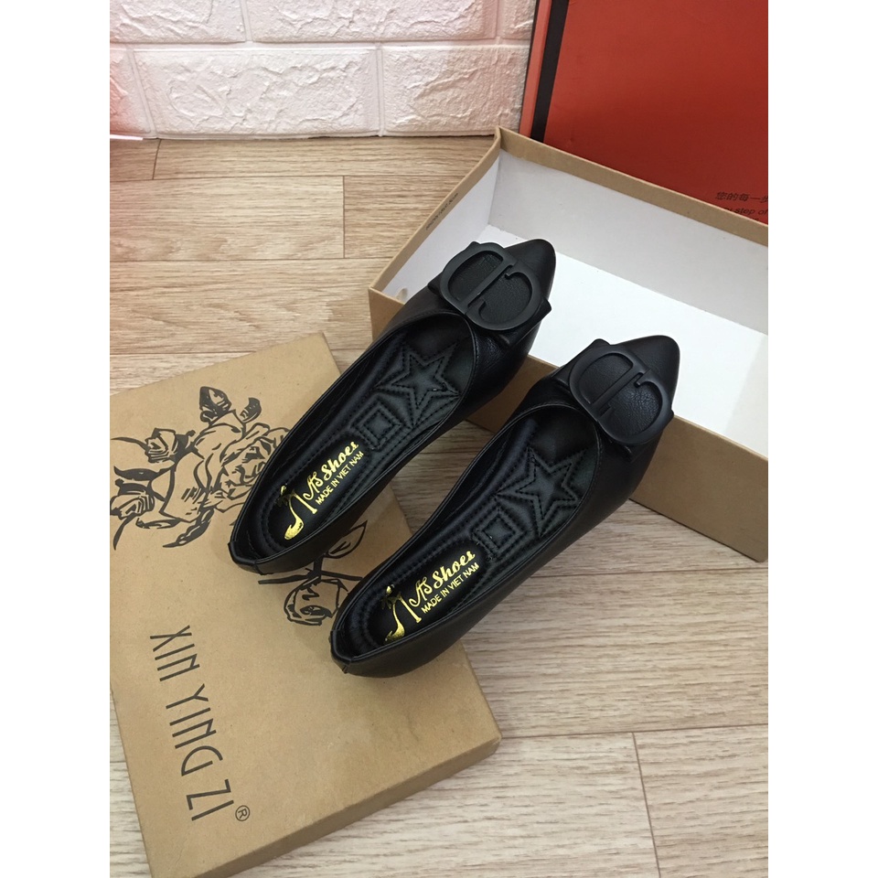 Giày búp bê mũi nhọn da mềm phối khóa êm chân mã B64