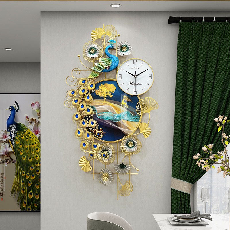 Đồng Hồ Treo Tường Decor Con Công Kết Hợp Tranh tráng gương  Trang Trí Phòng Khách Cao Cấp KD2925-1
