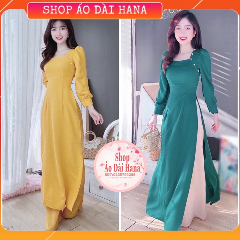 Áo dài cách tân nữ cổ vuông đính ngọc trắng, áo dài vàng và xanh rêu thiết kế tay vai bồng lỡ hàng 2 tà, áo dài may sẵn.